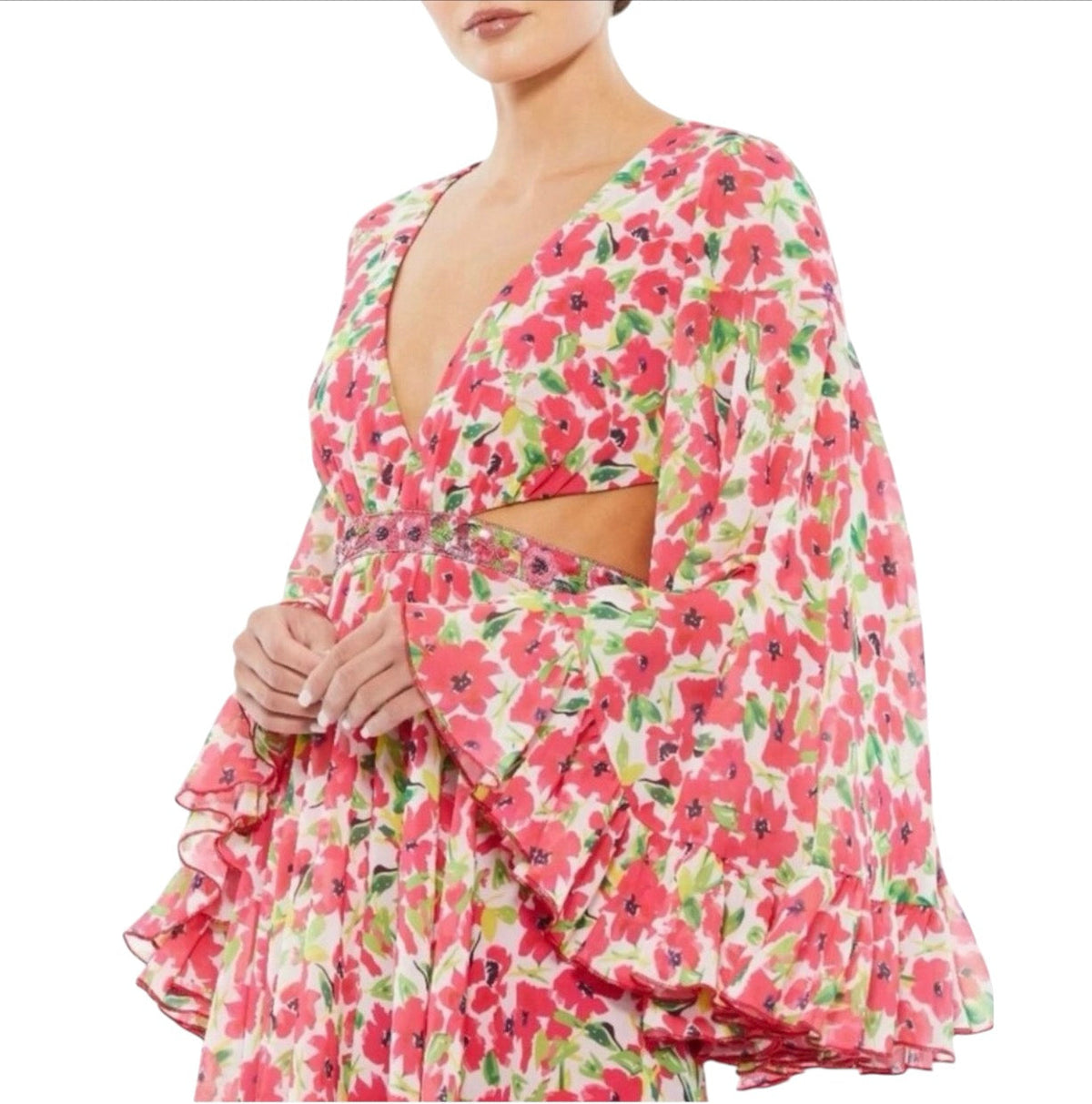 Mac Duggal 9158 Floral Cut
Out Bell Sleeve Mini Dress Size 2