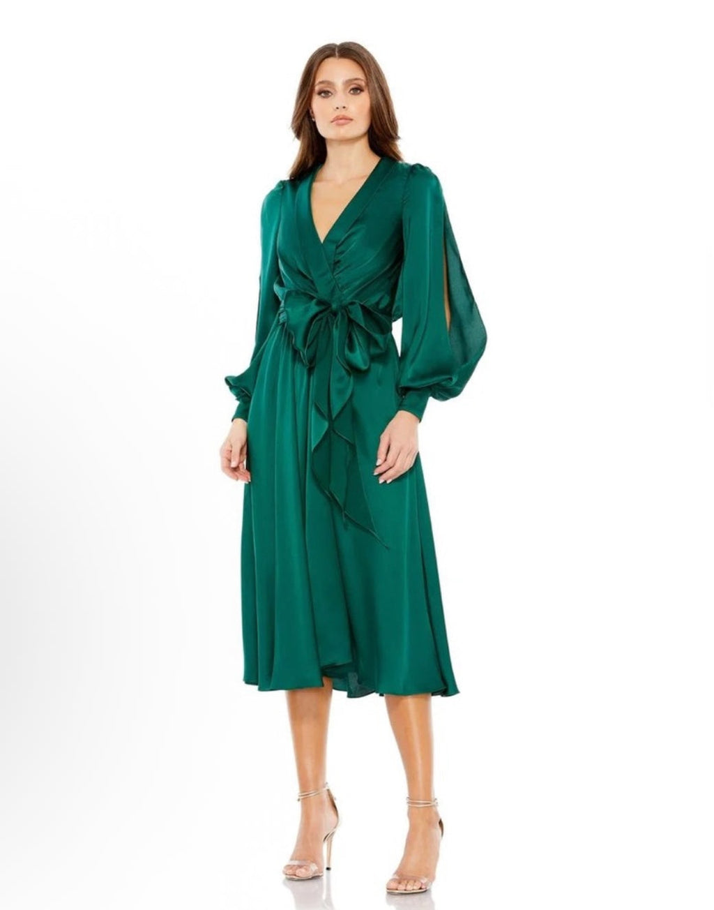 Mac Duggal 49582 Collared Faux Wrap Bishop Sleeve Flowy Dress Emerald Sz 8