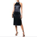 Frame Satin Shirred Halter Neck Midi Dress Navy Blue XS $498