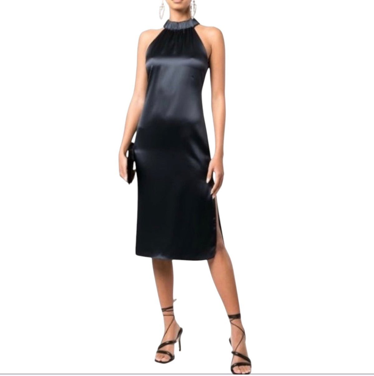 Frame Satin Shirred Halter Neck Midi Dress Navy Blue XS $498