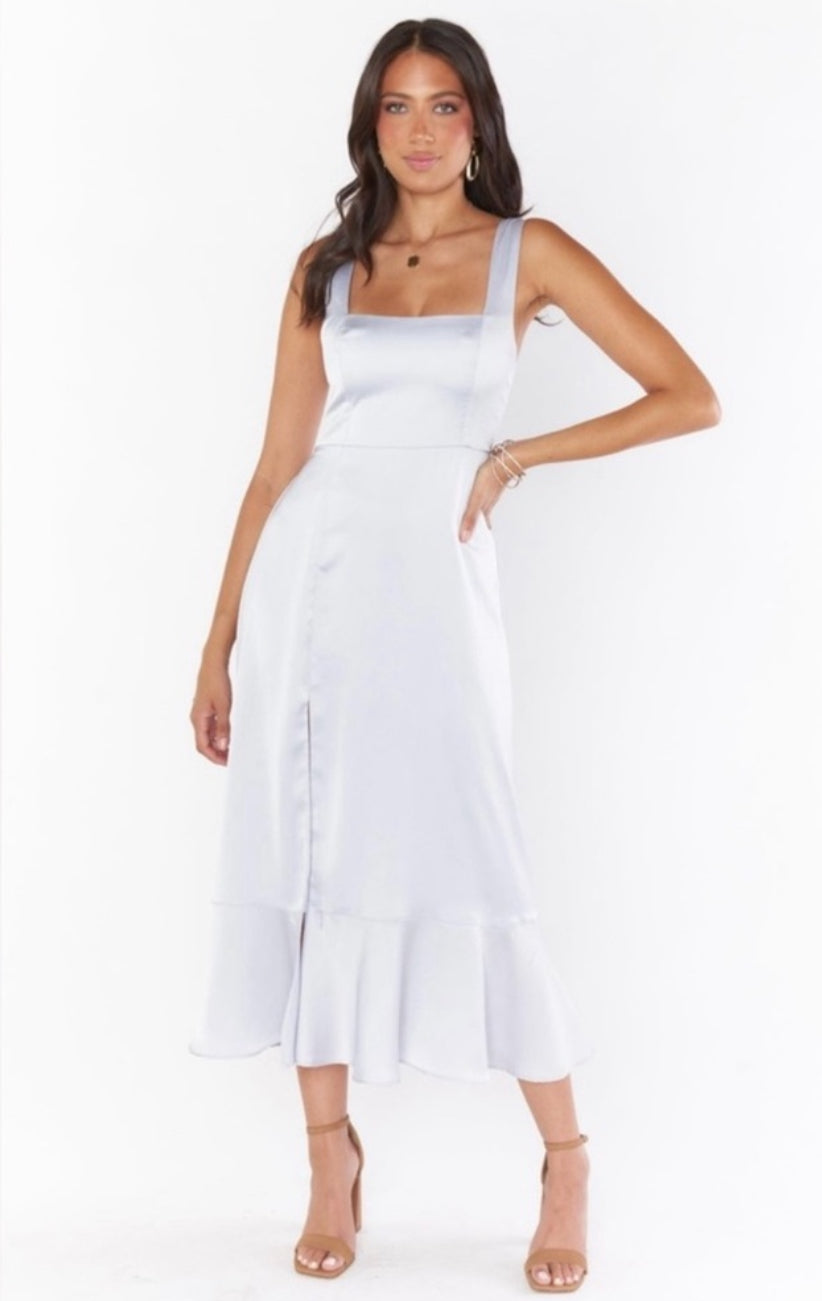 Show Me Your Mumu Satin Claire Midi Dress Silver Luxe
