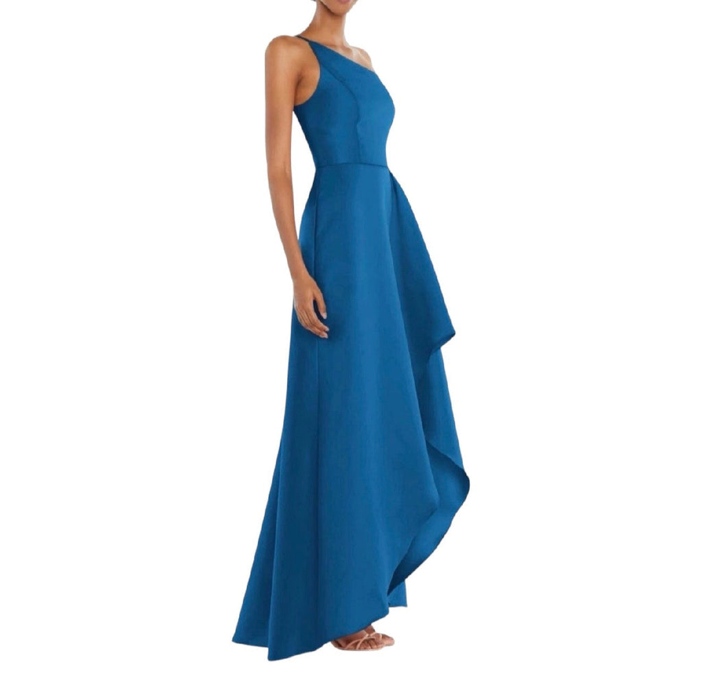 Alfred Sung ONE-SHOULDER SATIN GOWN WITH DRAPED FRONT SLIT AND POCKETS Blue Sz 8