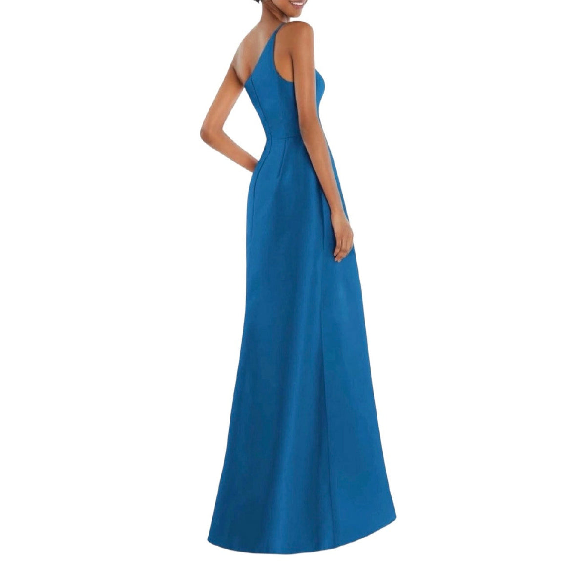 Alfred Sung ONE-SHOULDER SATIN GOWN WITH DRAPED FRONT SLIT AND POCKETS Blue Sz 8