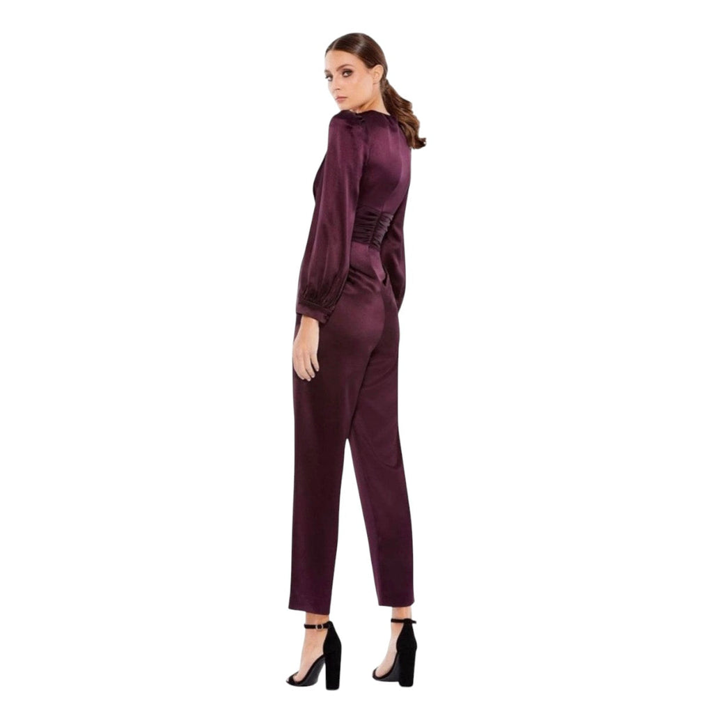 Mac Duggal Front Twist Puff Sleeve Deep V Jumpsuit Plum Sz 2