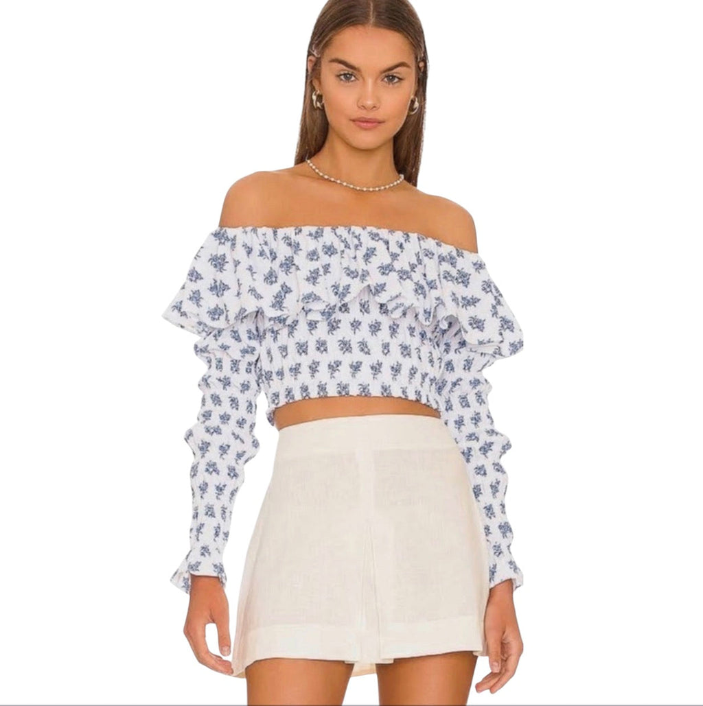 Caroline Constas Floral Off Shoulder Long Sleeves Lydia Top in Blue Toile Spot XXS