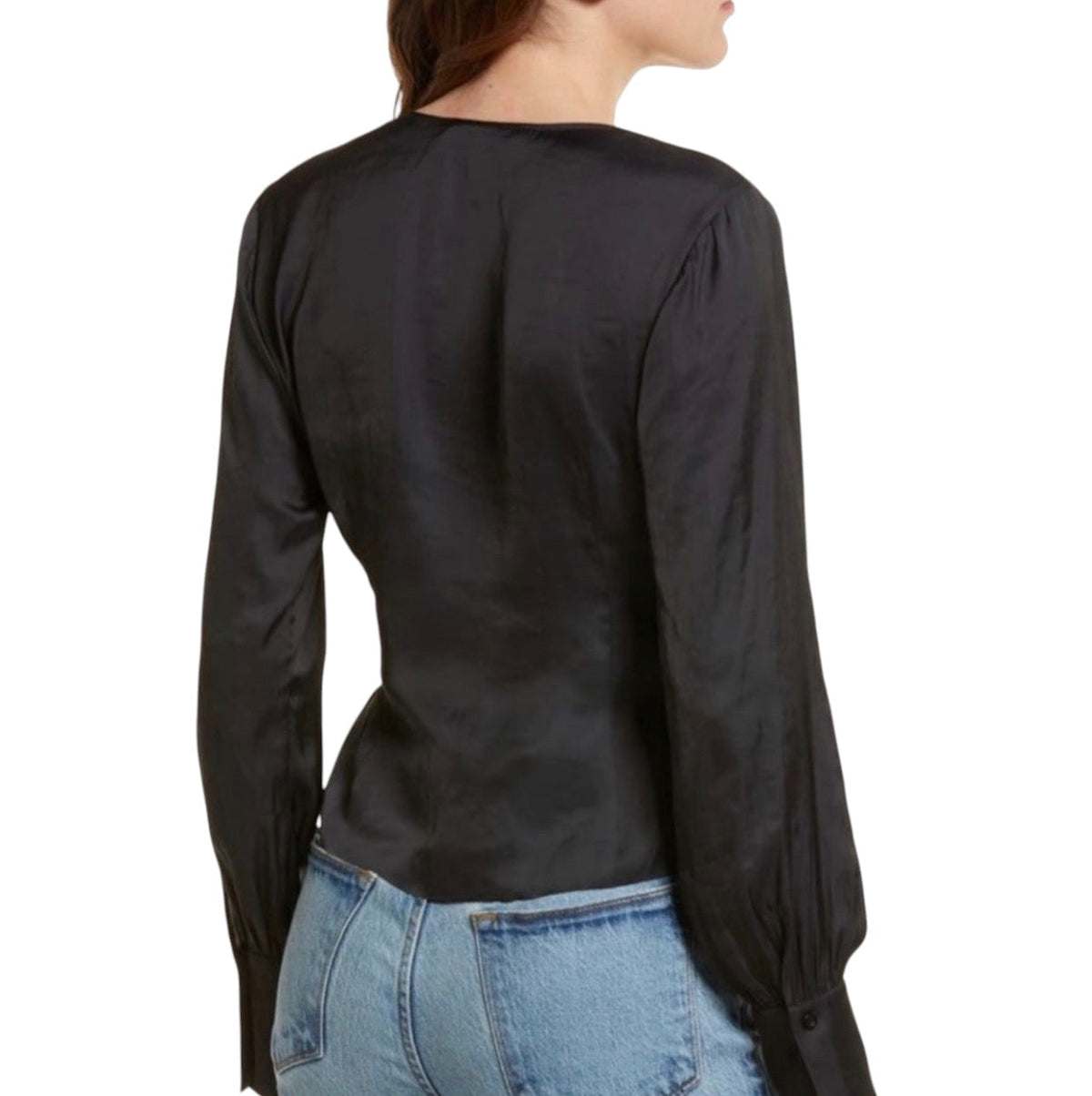 FRAME Shirred V-Neck Blouse in Black Sz Large