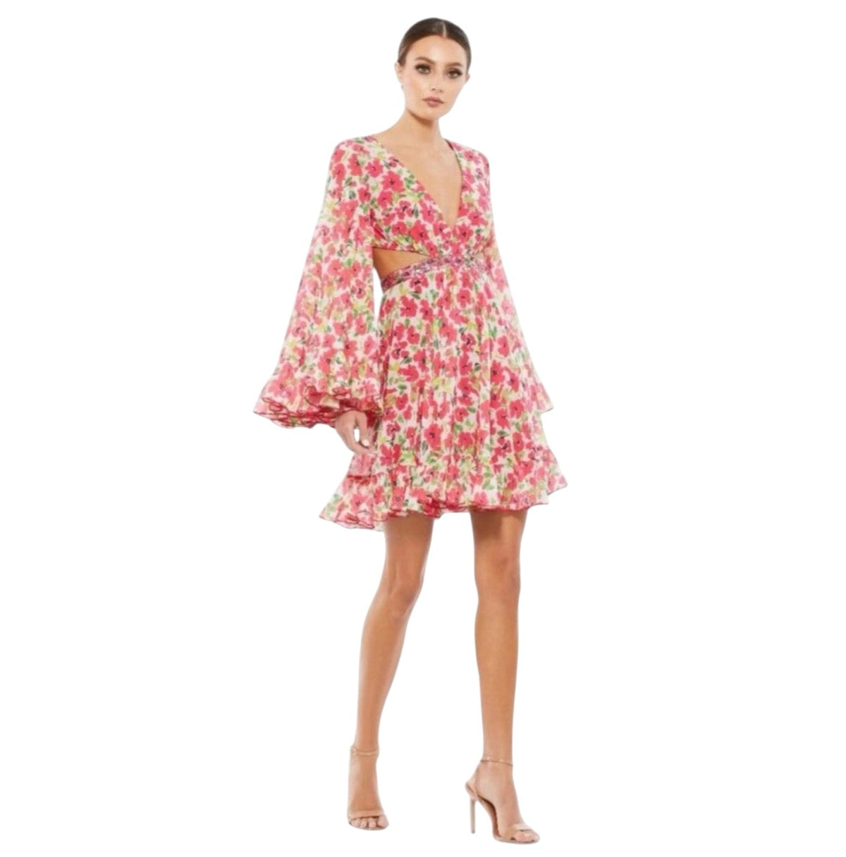 Mac Duggal 9158 Floral Cut
Out Bell Sleeve Mini Dress Size 2