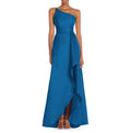 Alfred Sung ONE-SHOULDER SATIN GOWN WITH DRAPED FRONT SLIT AND POCKETS Blue Sz 8