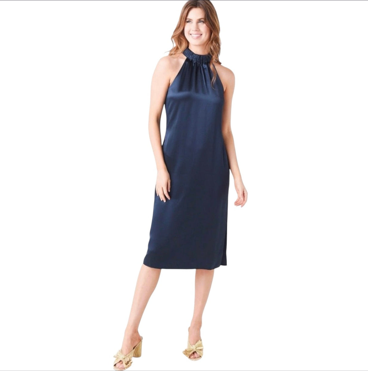 Frame Satin Shirred Halter Neck Midi Dress Navy Blue XS $498