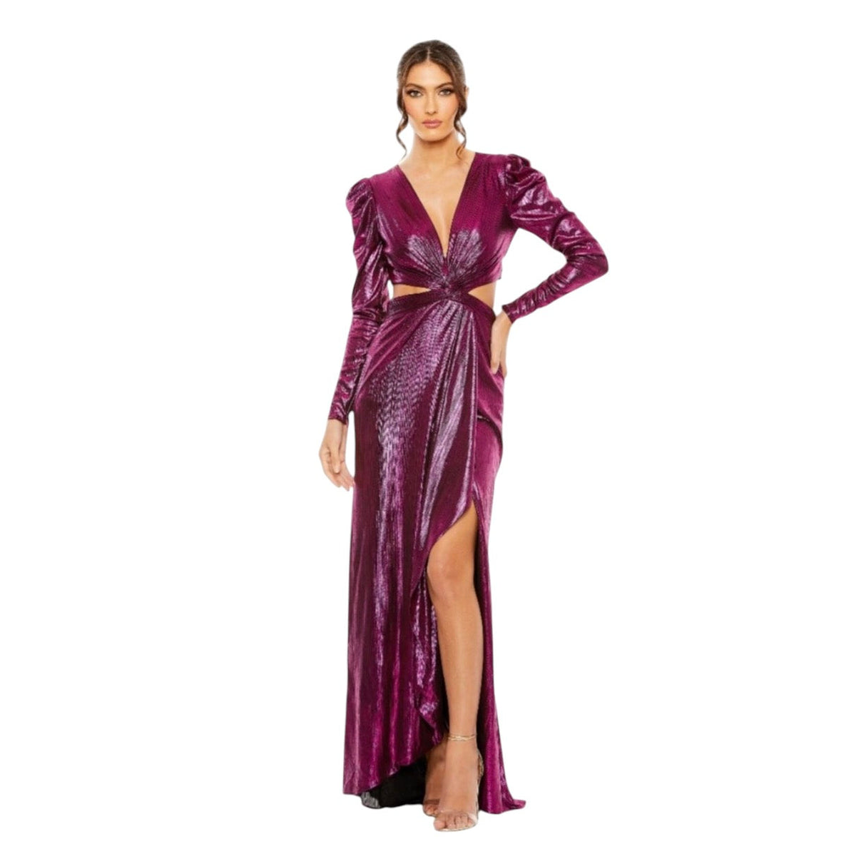 Mac Duggal Princess Sleeve Cut Out Metallic Gown Fuchsia $498 27060