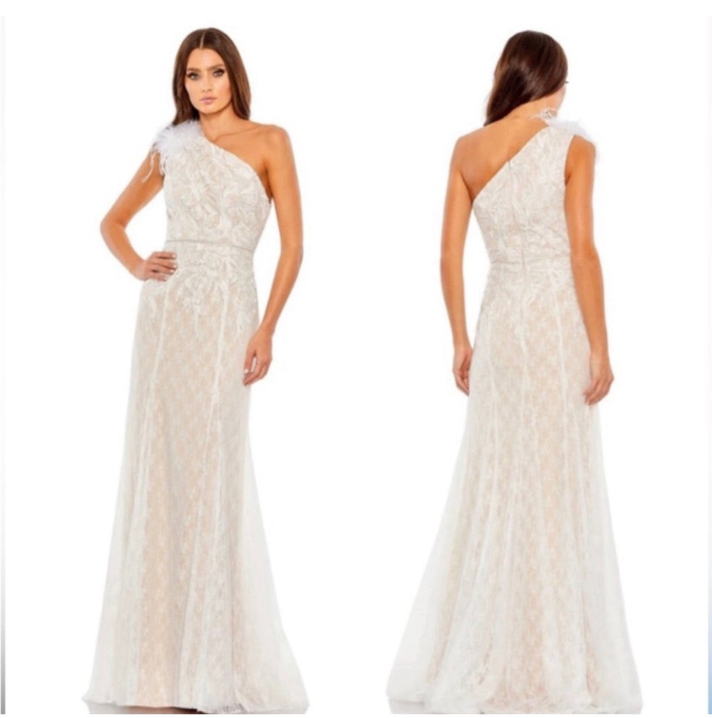 IEENA FOR MAC DUGGAL 26712 Yellow One Shoulder Bishop Sleeve Trumpet Gown Sz 2 $398