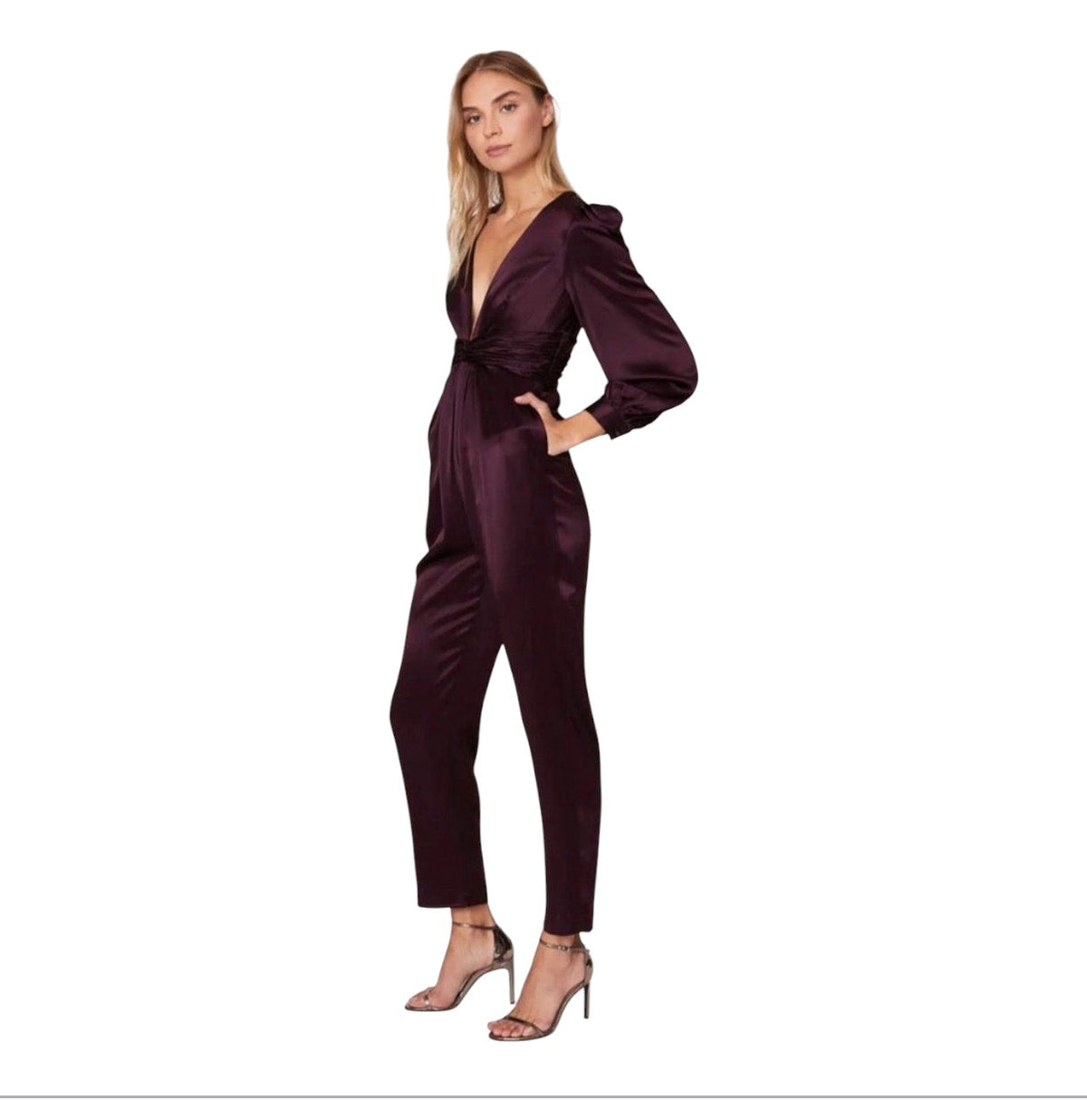 Mac Duggal Front Twist Puff Sleeve Deep V Jumpsuit Plum Sz 2