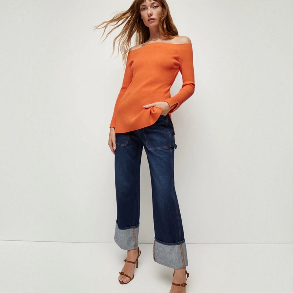 Veronica Beard Derick Ribbed Off-Shoulder Pullover Deep Orange Sz Small