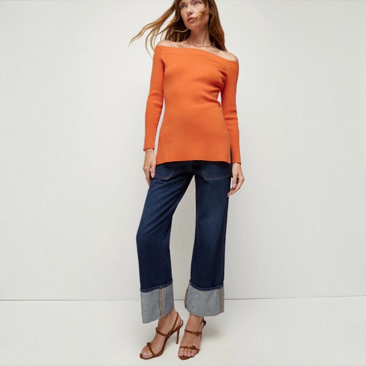 Veronica Beard Derick Ribbed Off-Shoulder Pullover Deep Orange Sz Small