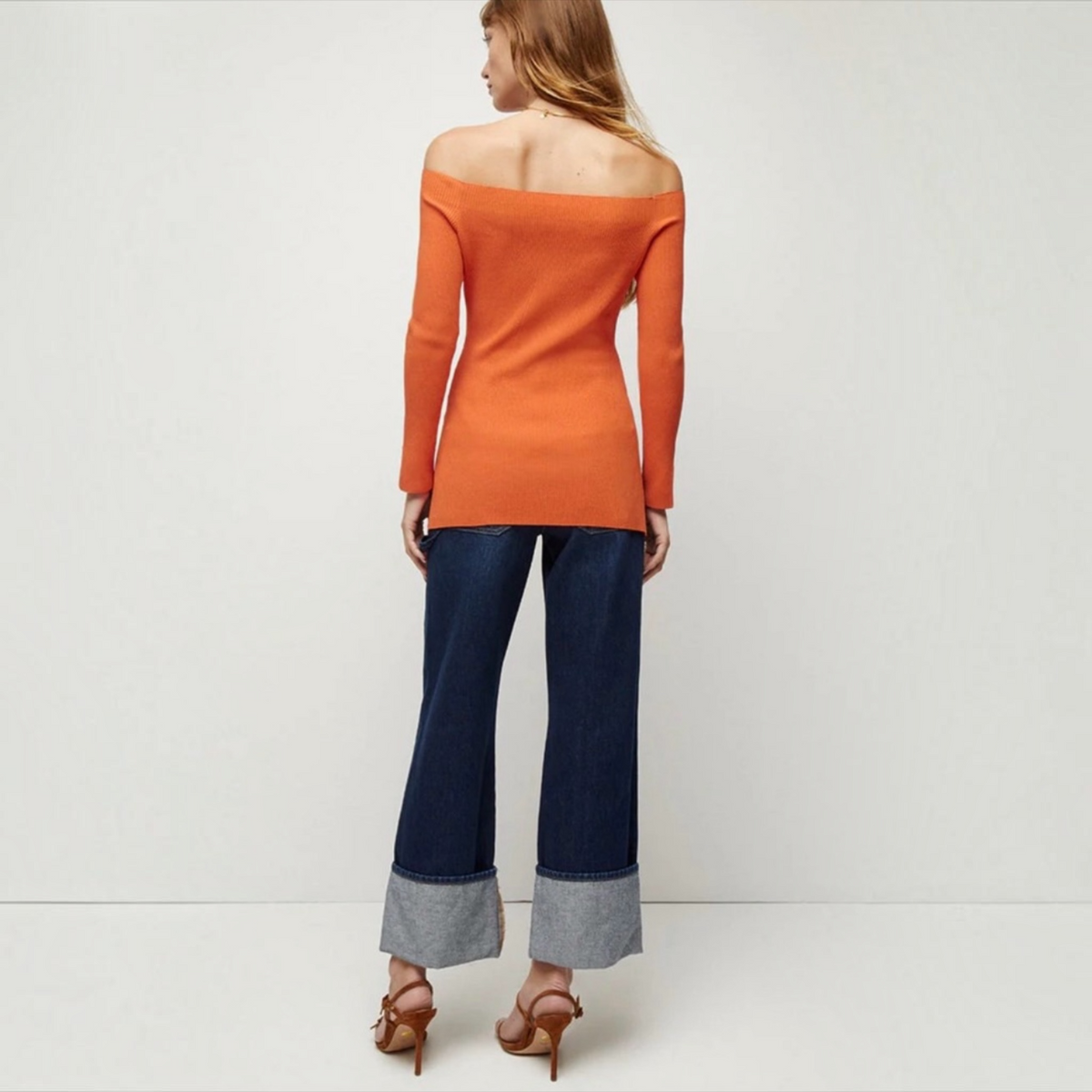 Veronica Beard Derick Ribbed Off-Shoulder Pullover Deep Orange Sz Small