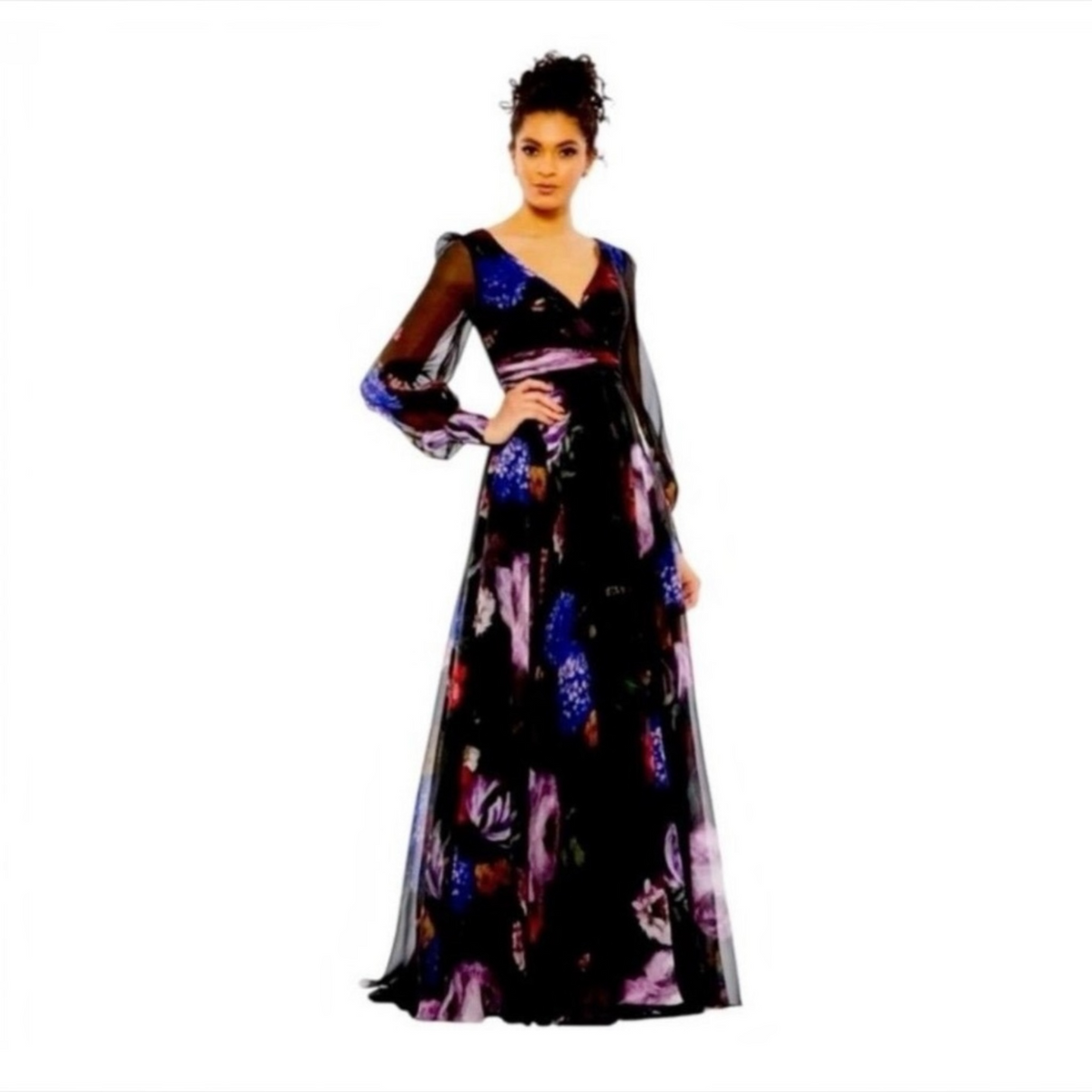 Mac Duggal 67872
Black Chiffon Bishop Sleeve
Floral Print Gown Dress
