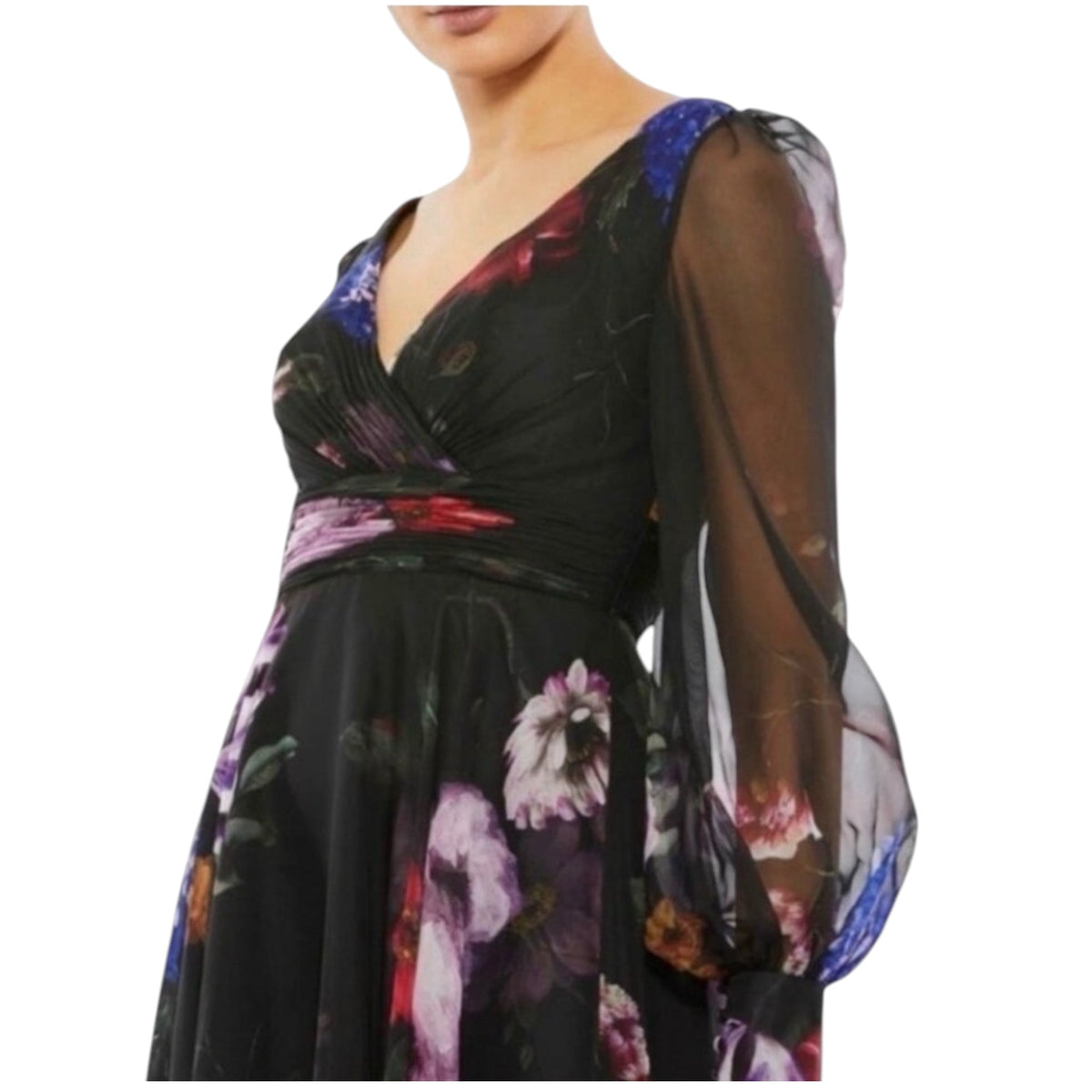 Mac Duggal 67872
Black Chiffon Bishop Sleeve
Floral Print Gown Dress