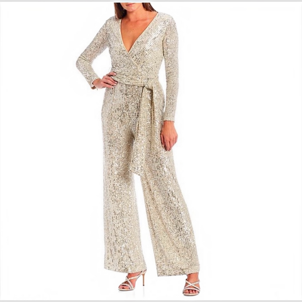 Eliza J Sequin V-Neck Long Sleeve Straight Leg Wrap Jumpsuit Sz 4