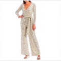 Eliza J Sequin V-Neck Long Sleeve Straight Leg Wrap Jumpsuit Sz 4