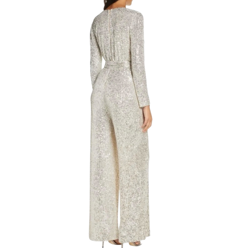Eliza J Sequin V-Neck Long Sleeve Straight Leg Wrap Jumpsuit Sz 4