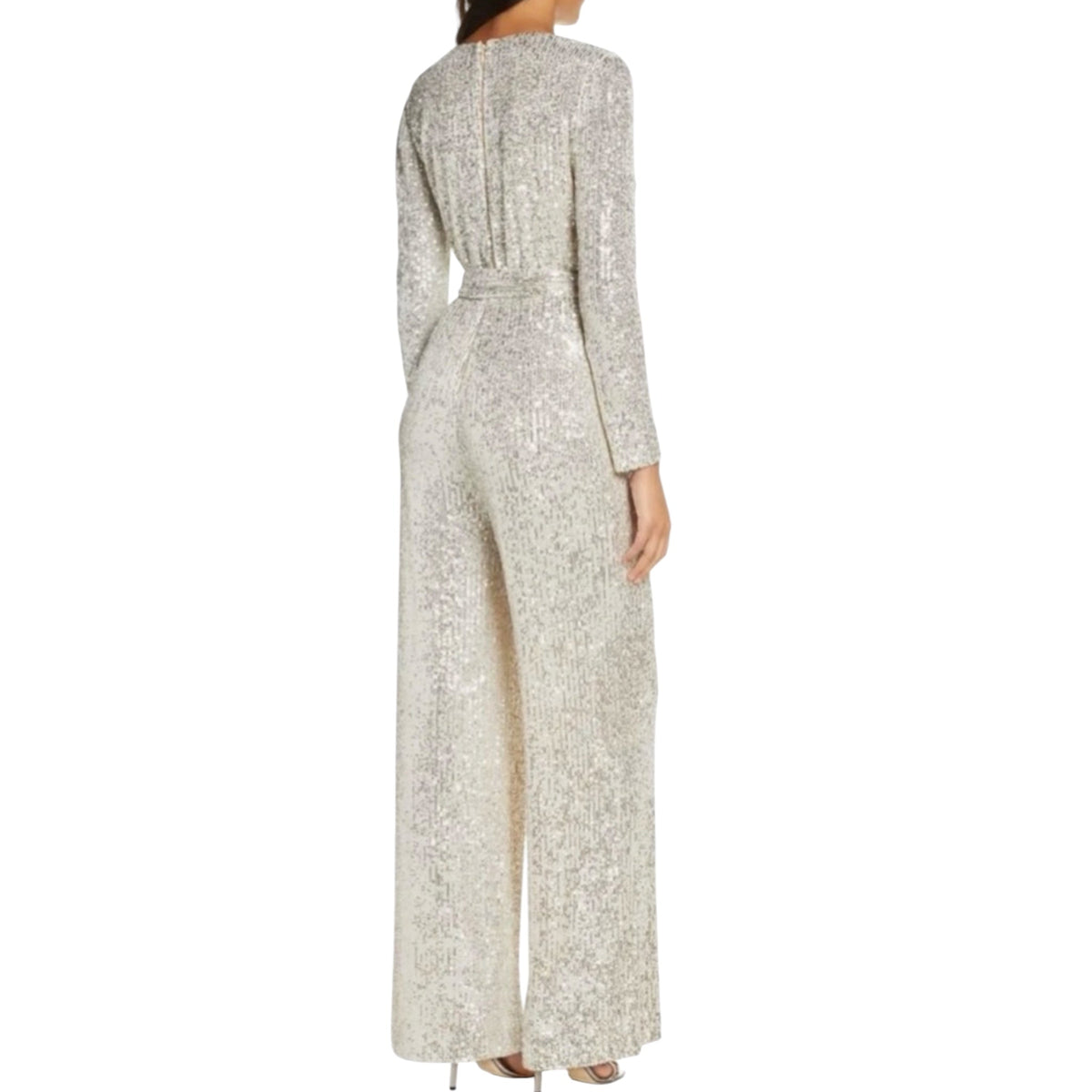 Eliza J Sequin V-Neck Long Sleeve Straight Leg Wrap Jumpsuit Sz 4
