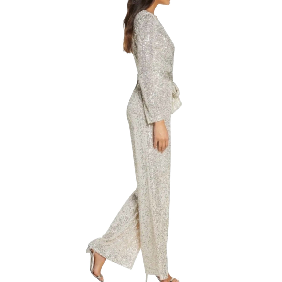 Eliza J Sequin V-Neck Long Sleeve Straight Leg Wrap Jumpsuit Sz 4