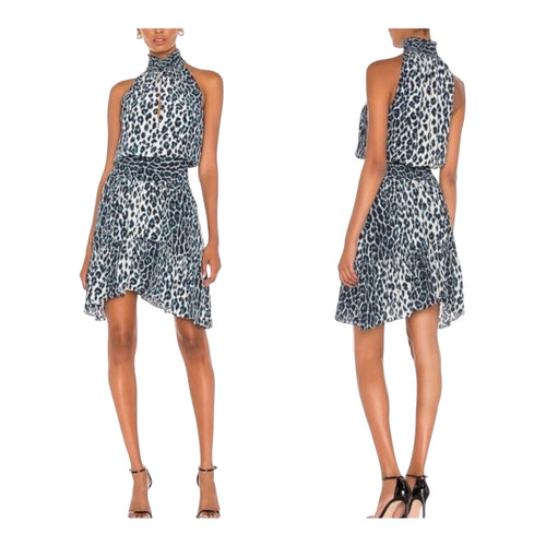 A.L.C. Cody Silk Leopard-Print Smocked Blue Leopard Dress Sz 0 $495
