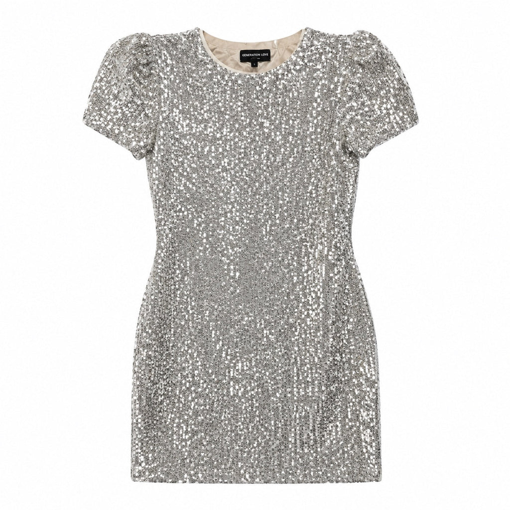 Generation Love Donna Sequin Puff Sleeve Mini Dress in ARGENTO Sz Small