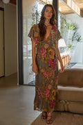 By Together Grey Burgundy Floral Short Sleeve Maxi Dress (Small)