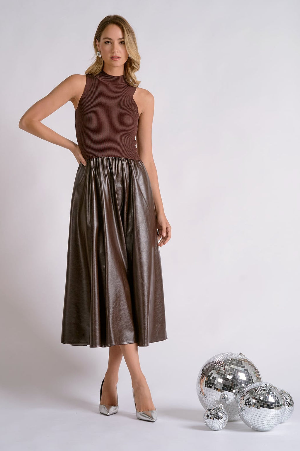 Combo Vegan Leather and Knit Sleeveless Dress