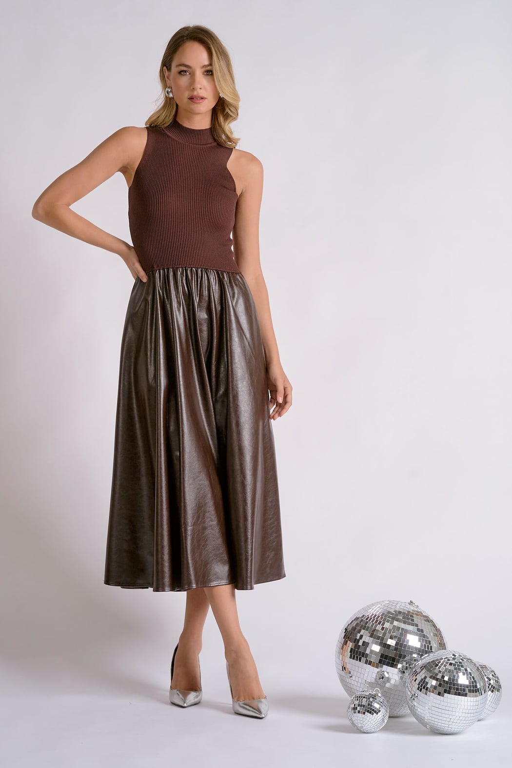 Combo Vegan Leather and Knit Sleeveless Dress