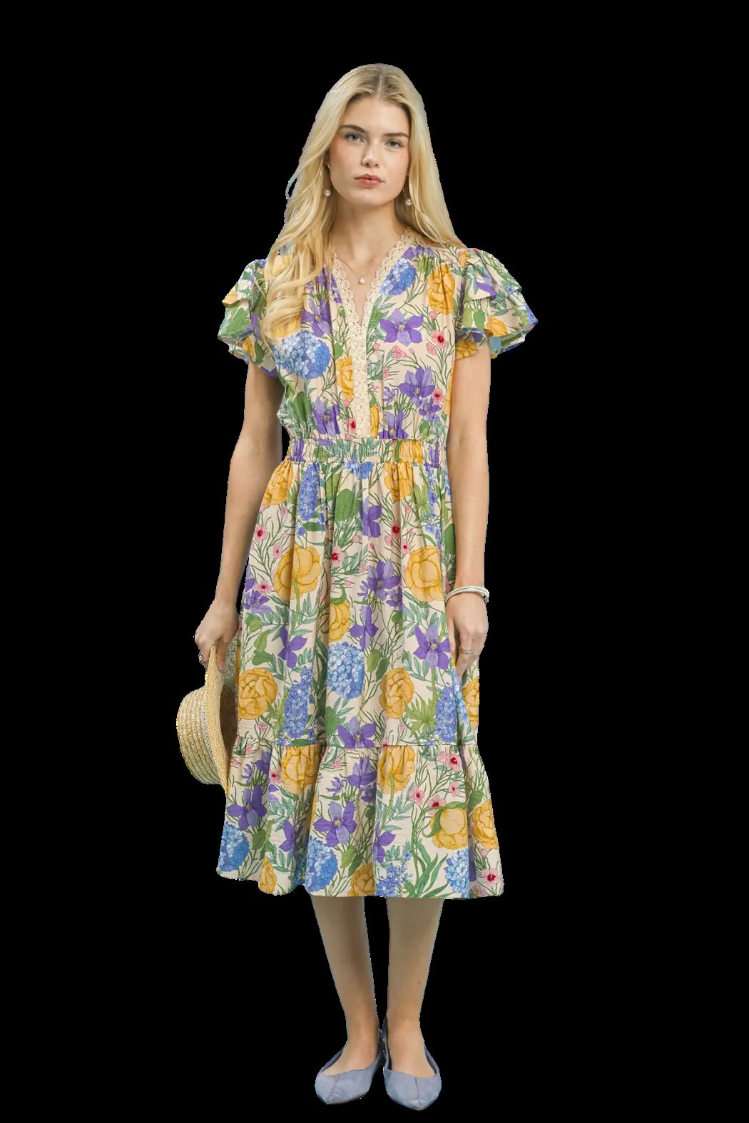 Flutter Sleeve Botanical Floral Midi Dress