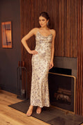 Fore Collection Silver Floral Sequin Cowl Neck Maxi Dress