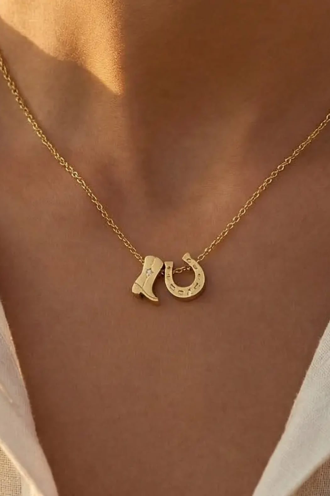 Gold Dipped Cowboy Boots Horse Shoe Charm Necklace