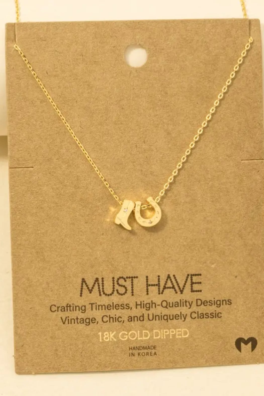Gold Dipped Cowboy Boots Horse Shoe Charm Necklace