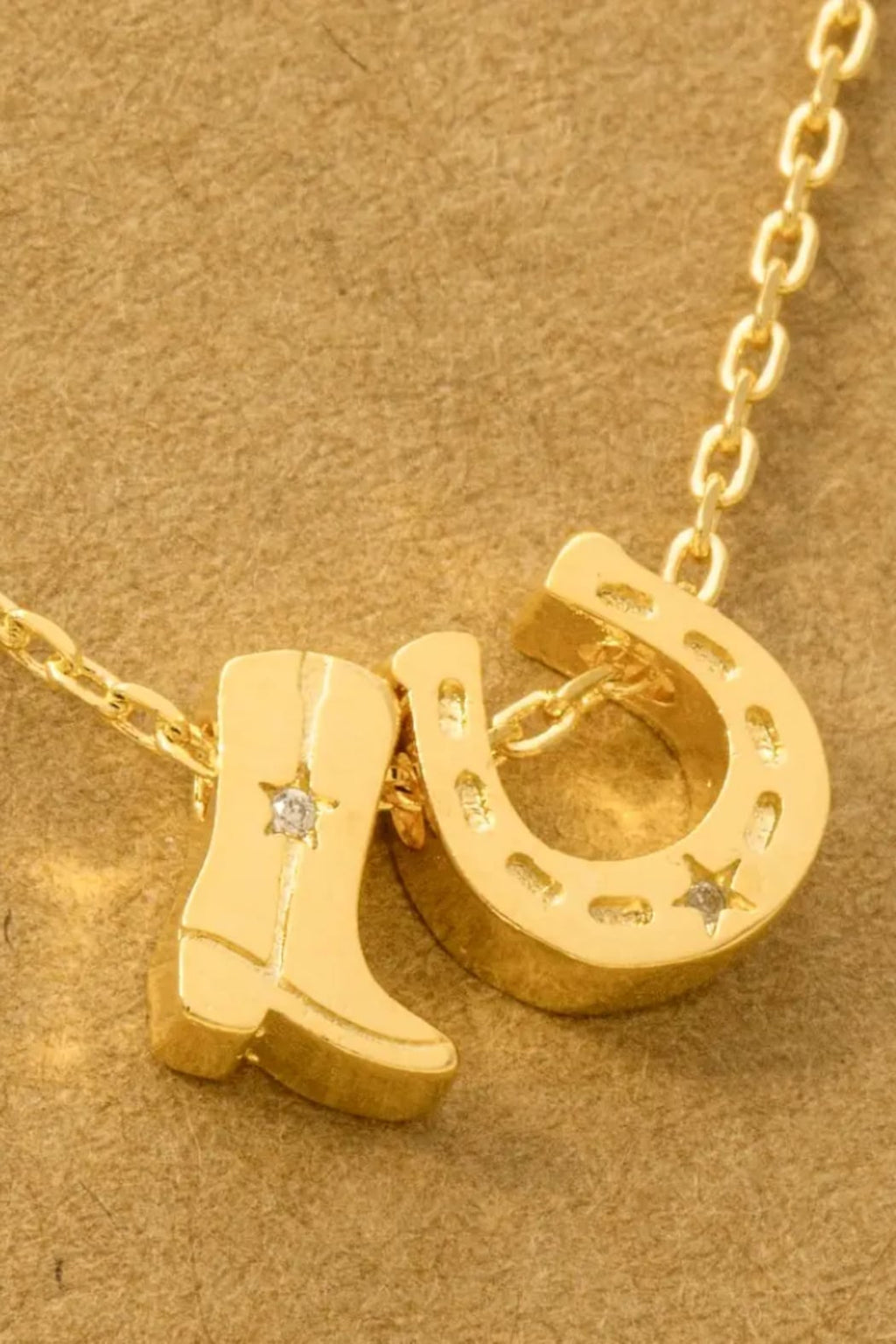 Gold Dipped Cowboy Boots Horse Shoe Charm Necklace