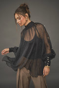 Ina Black Chiffon Asymmetrical Hem Blouse with Stones and Pearl Buttons