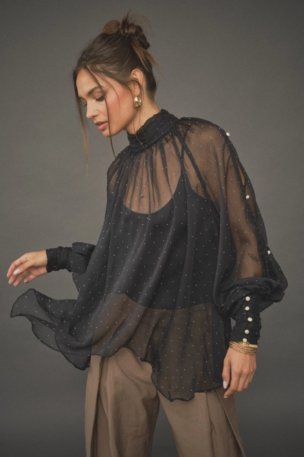 Ina Black Chiffon Asymmetrical Hem Blouse with Stones and Pearl Buttons
