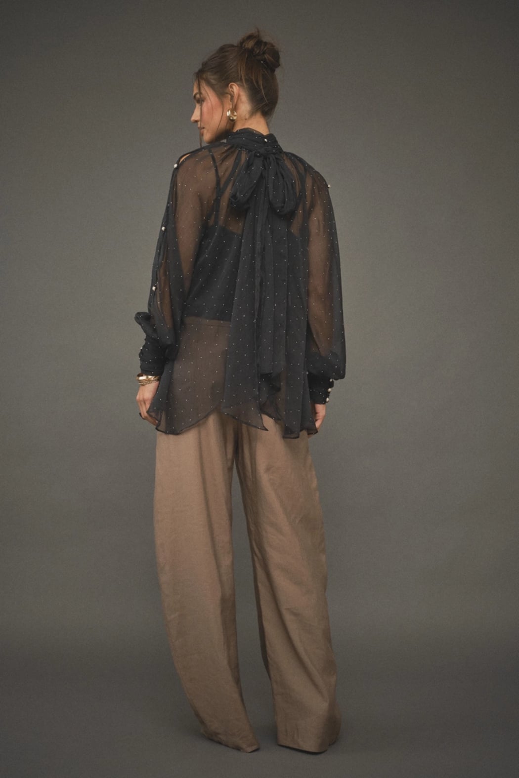 Ina Black Chiffon Asymmetrical Hem Blouse with Stones and Pearl Buttons
