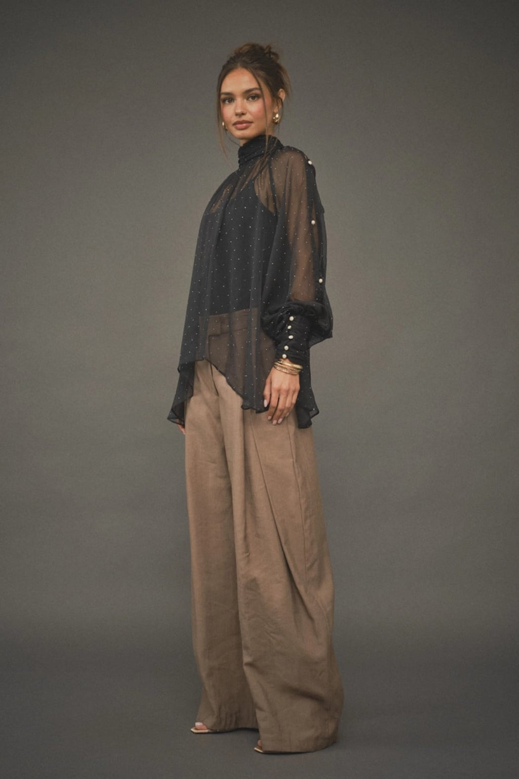 Ina Black Chiffon Asymmetrical Hem Blouse with Stones and Pearl Buttons