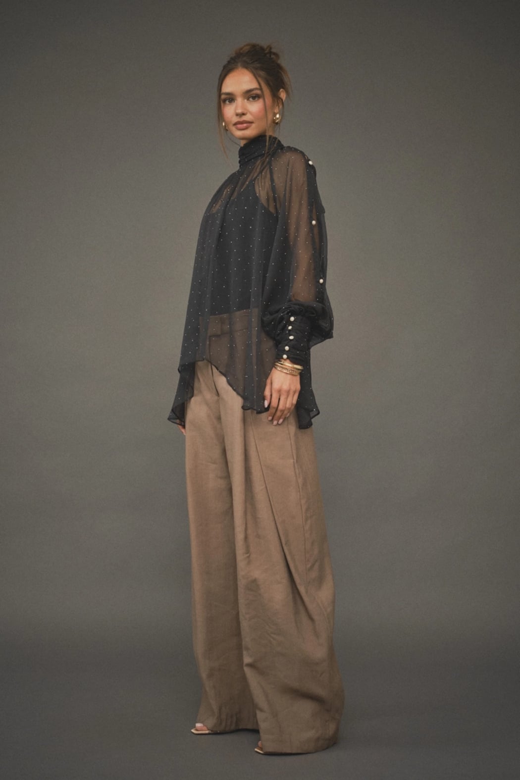 Ina Black Chiffon Asymmetrical Hem Blouse with Stones and Pearl Buttons