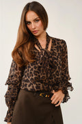 Ina Cleo Leopard Tie-Neck Ruffled Blouse
