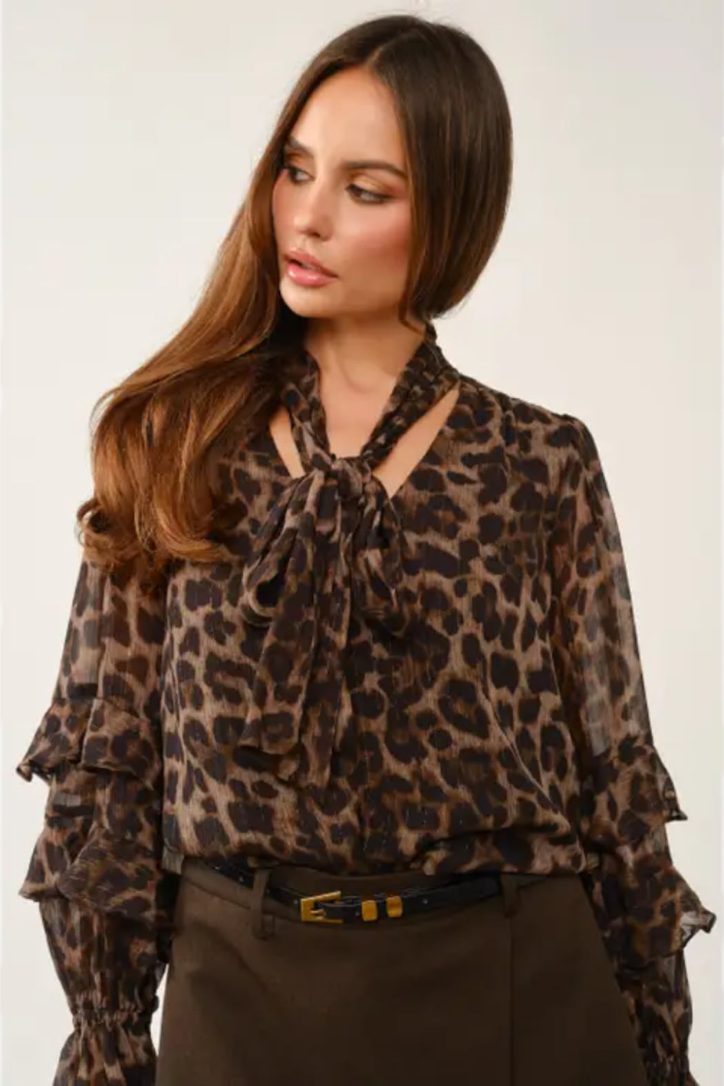 Ina Cleo Leopard Tie-Neck Ruffled Blouse
