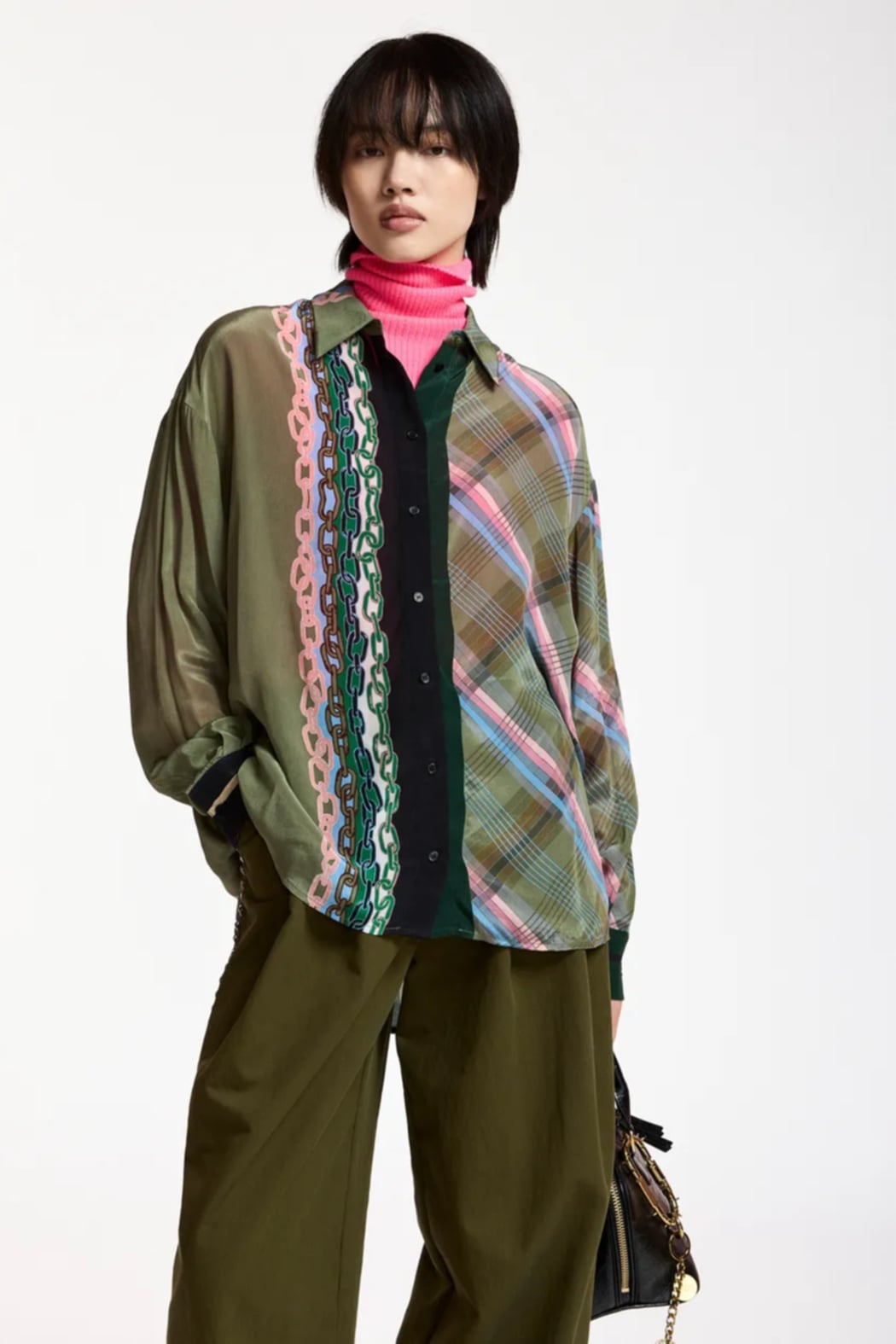 Khaki, black and light pink mixed-print oversized shirt