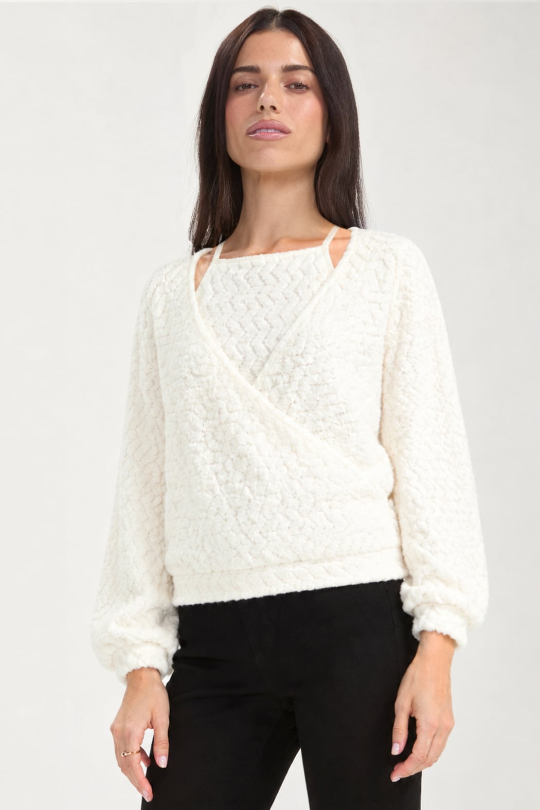 Long Sleeve 2-in-1 Halter Neck Surplice Knit Top