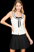 Ribbon Tie Sleeveless Button Front Blouse