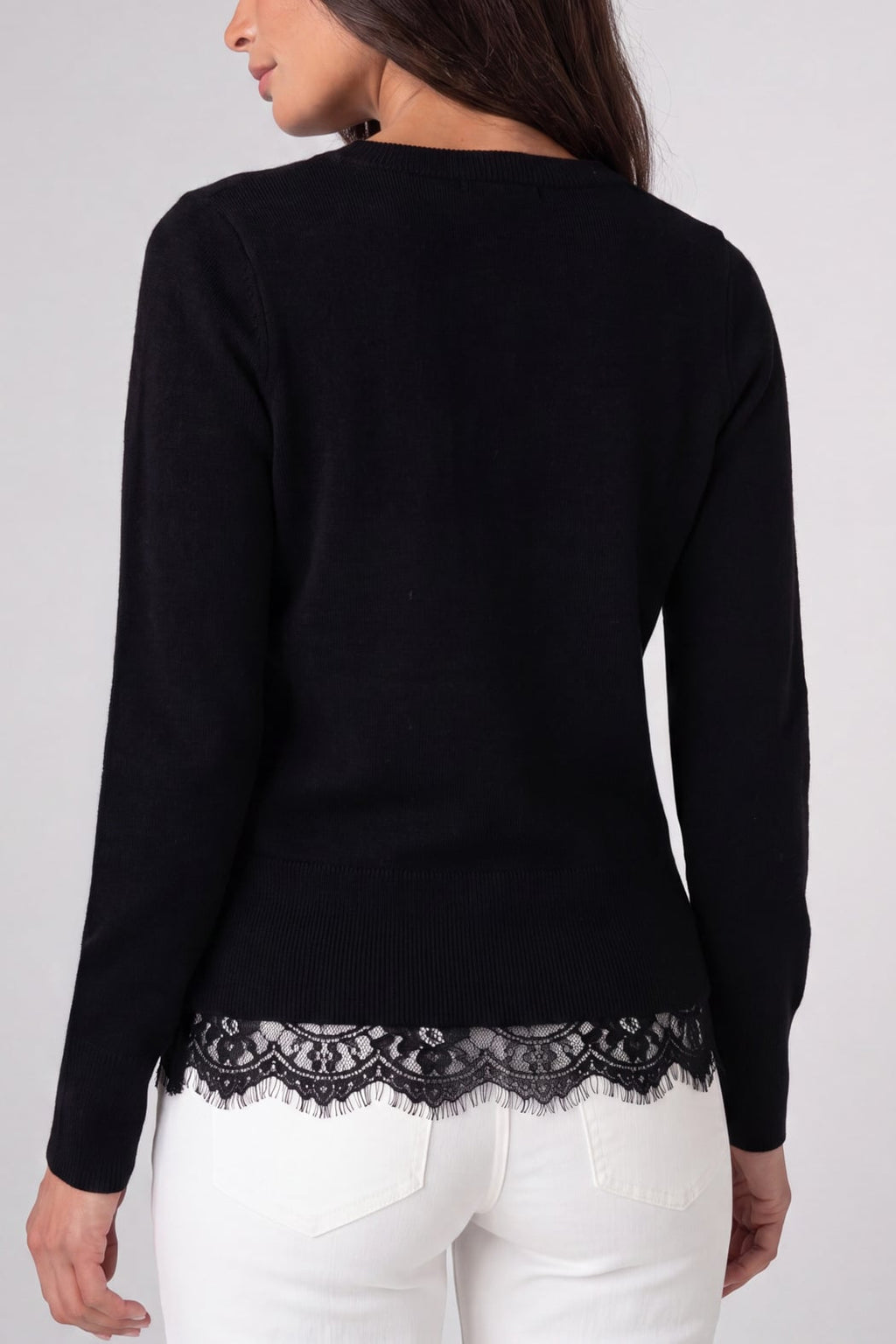 V Neck Long Sleeve Sweater with Lace Trim