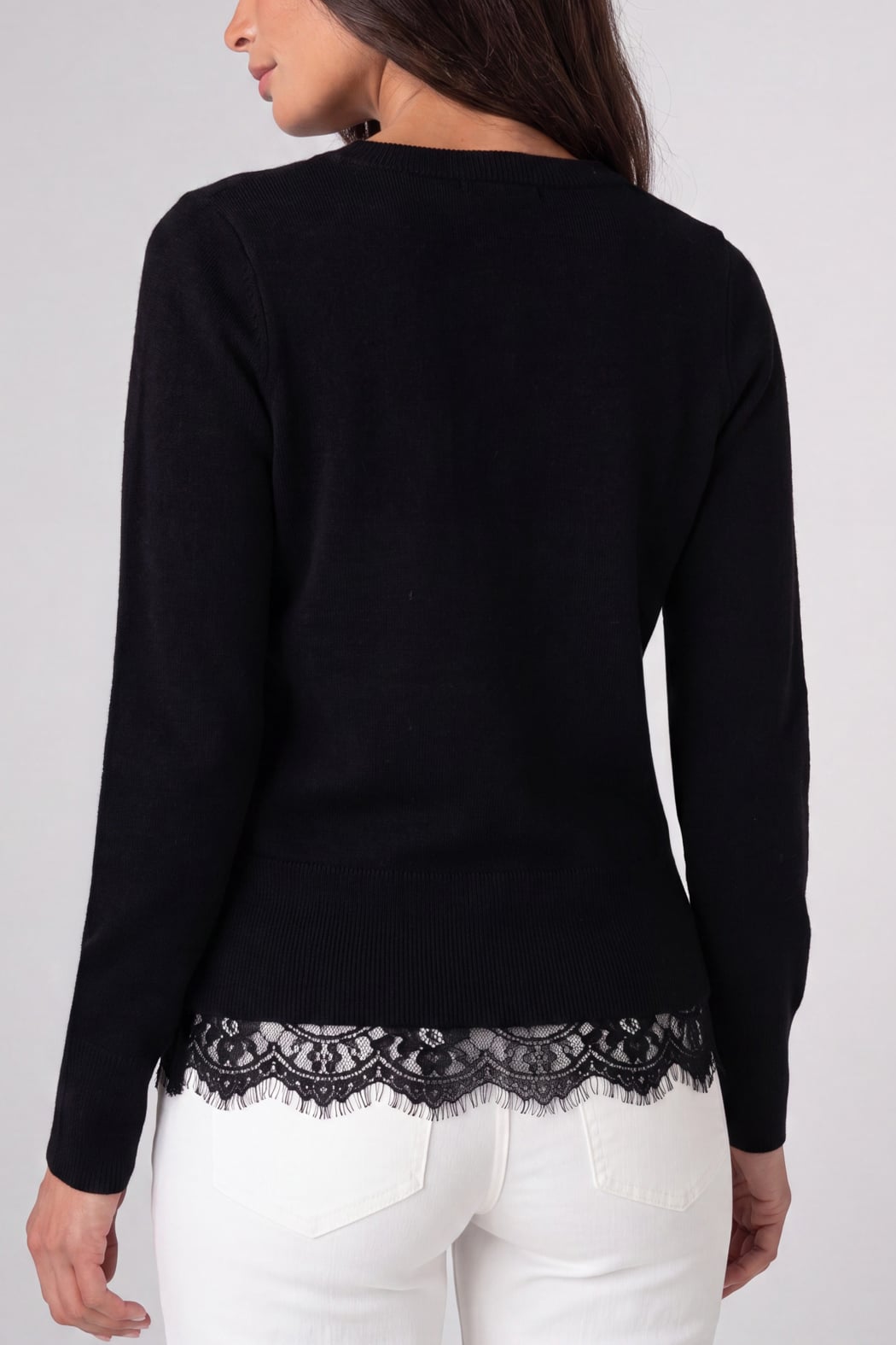 V Neck Long Sleeve Sweater with Lace Trim