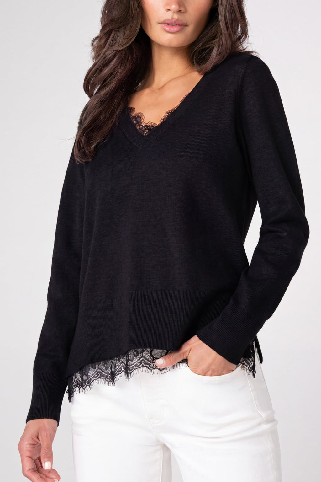 V Neck Long Sleeve Sweater with Lace Trim