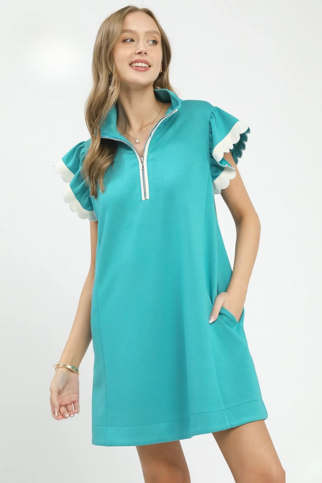 Zip Neck Flutter Sleeve Dress with Pockets